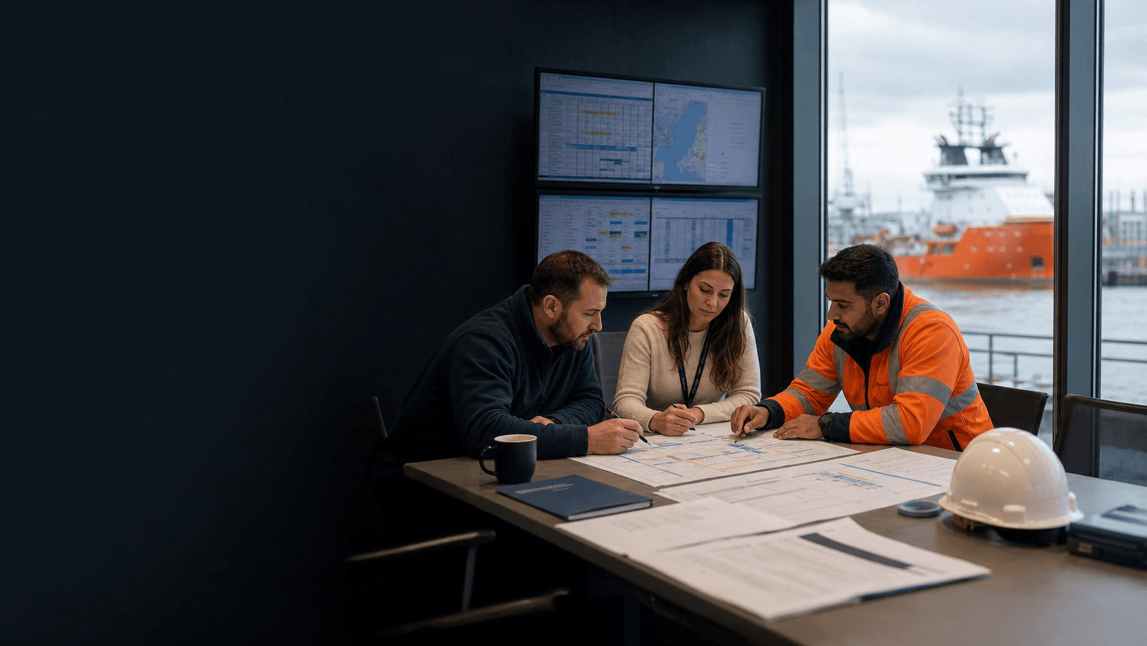 Offshore operations team planning a North Sea crew mobilisation