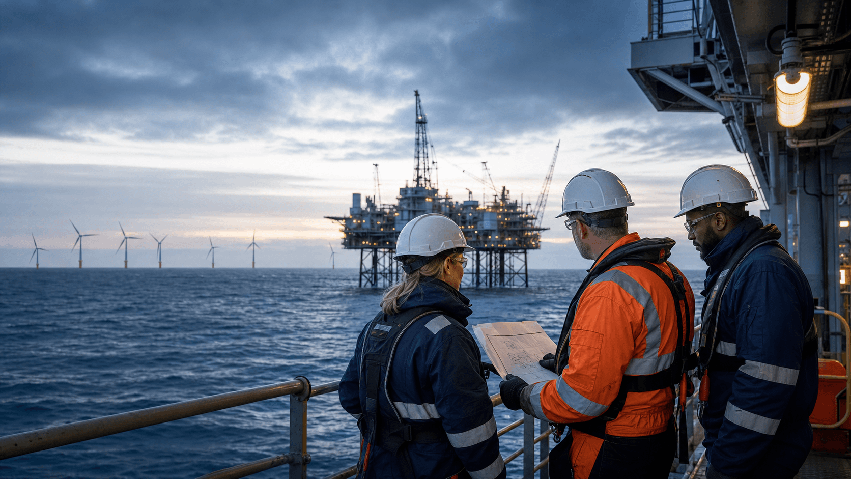 Offshore energy workers reviewing a work plan in the North Sea
