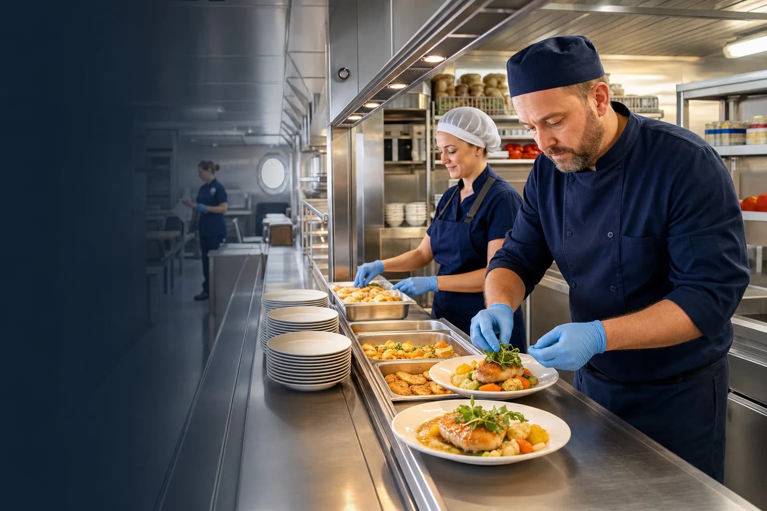 Offshore catering team preparing a meal service in a platform galley
