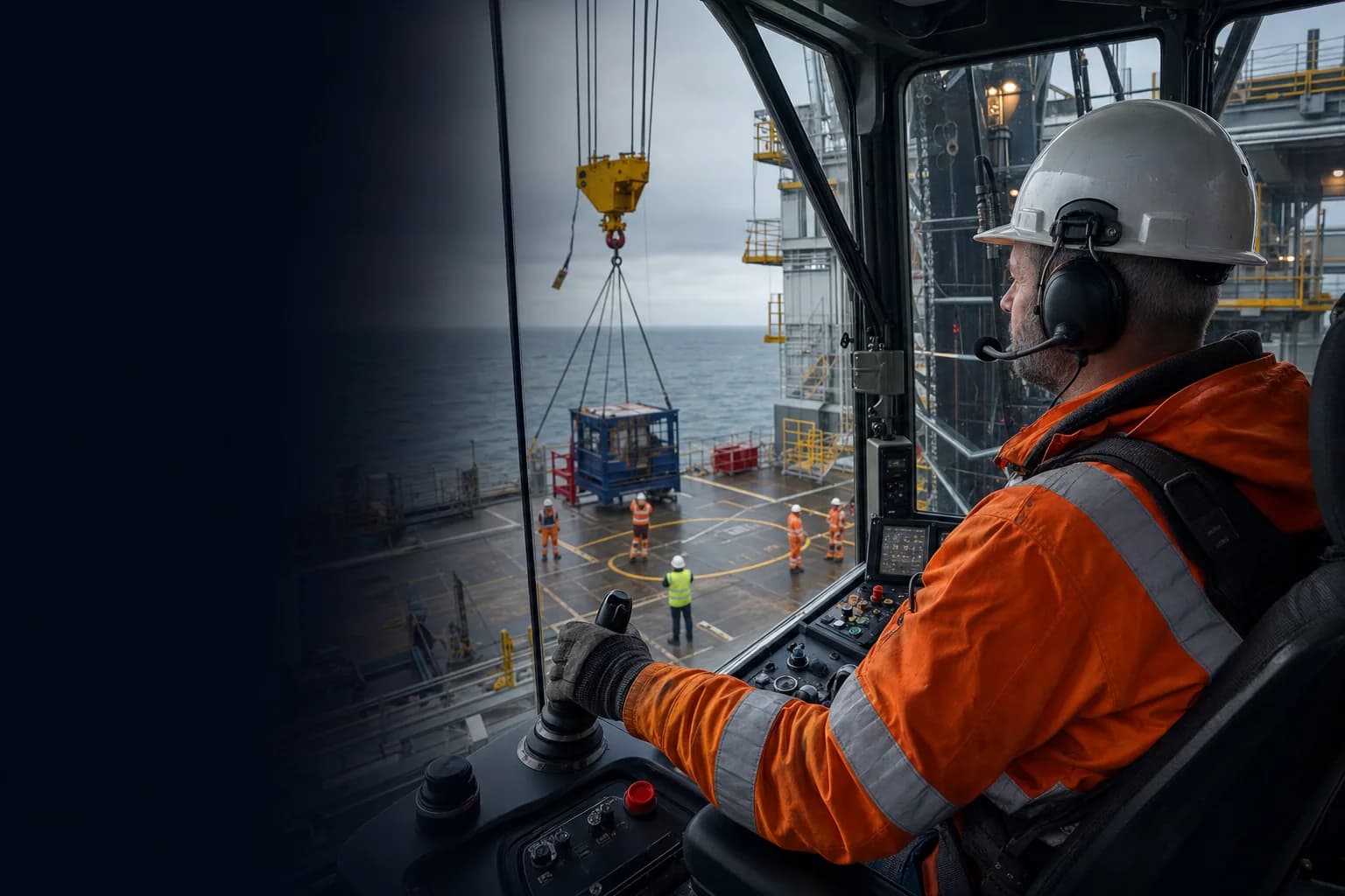 Offshore crane operator coordinating a controlled North Sea deck lift