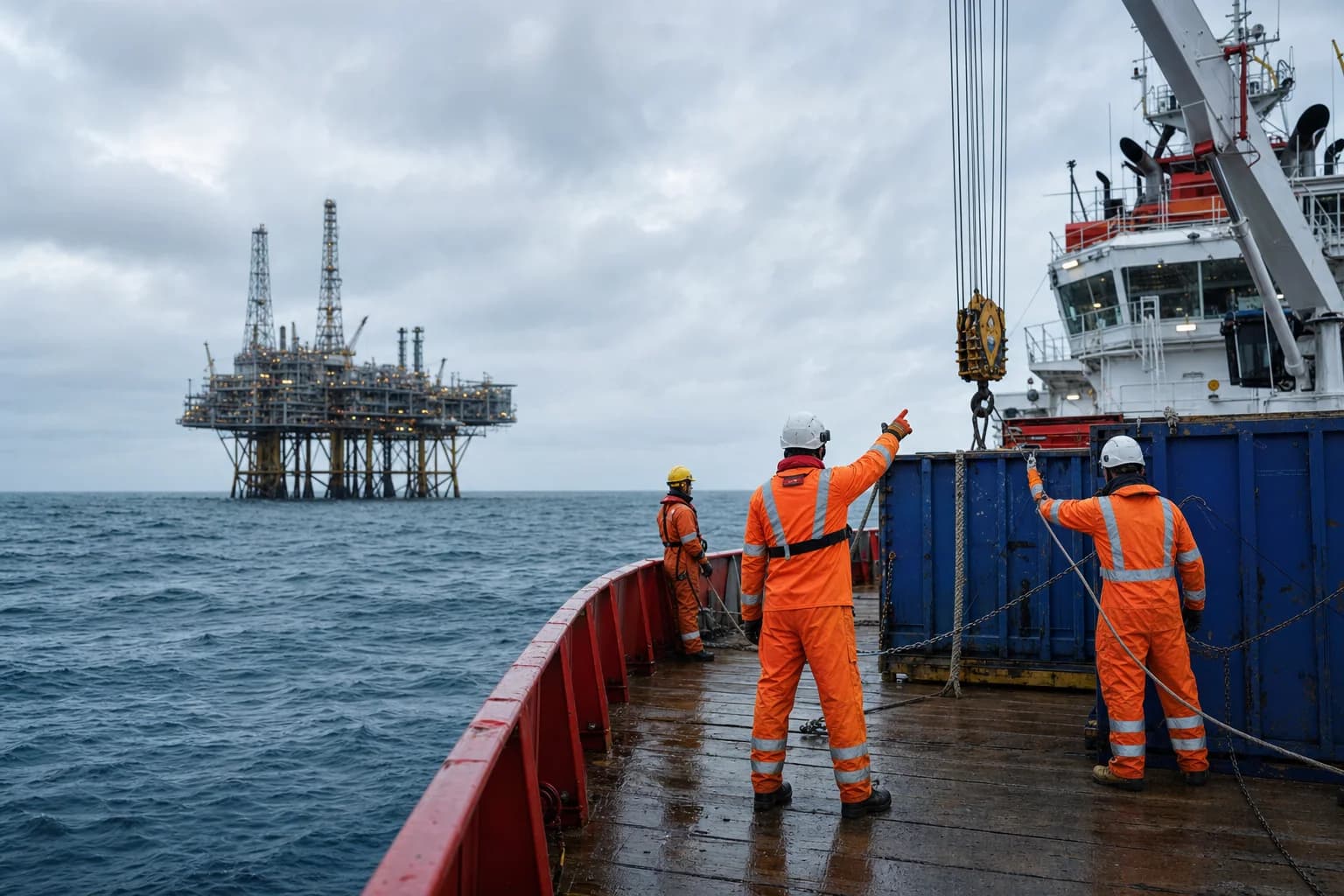 Offshore deck crew preparing cargo on a supply vessel beside a platform