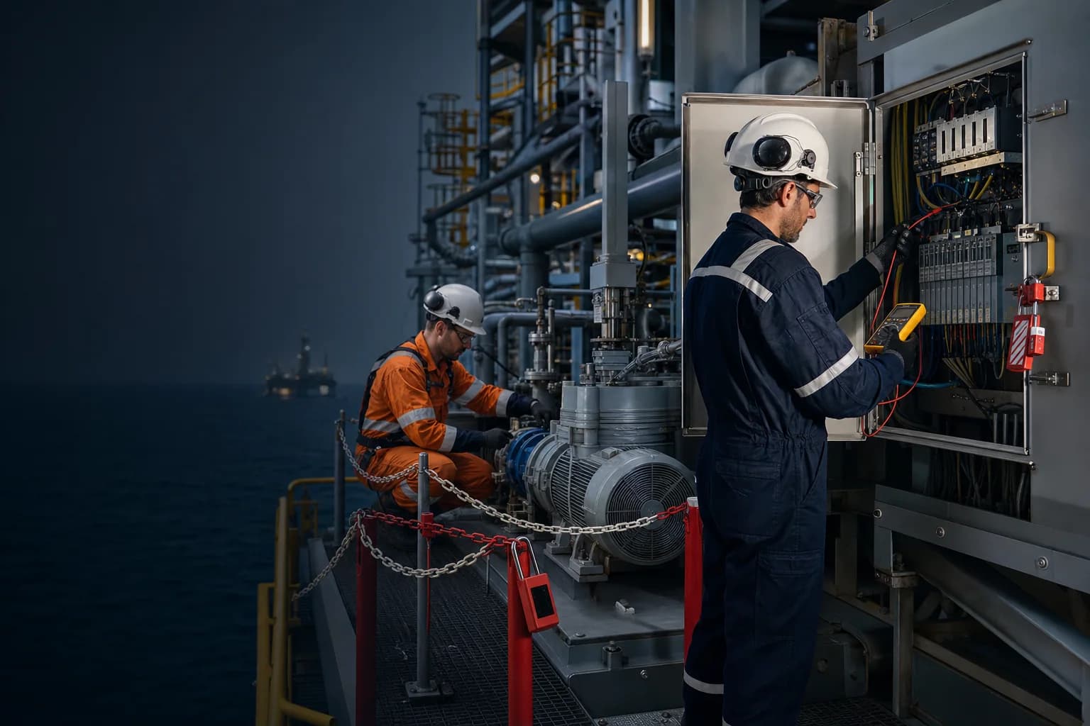 Qualified offshore technician inspecting mechanical equipment for an energy maintenance role
