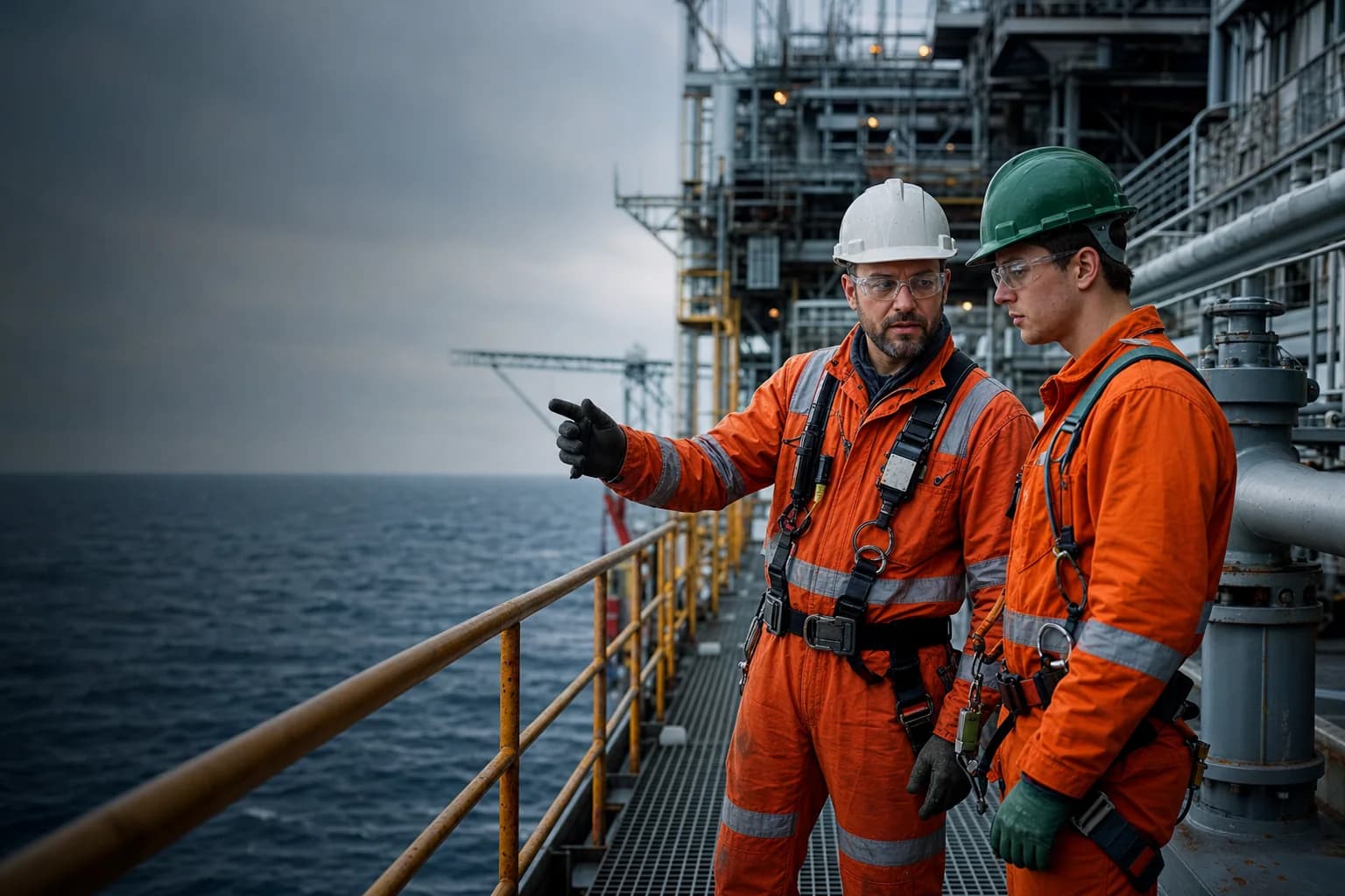 Experienced offshore supervisor guiding a new worker on a North Sea platform deck