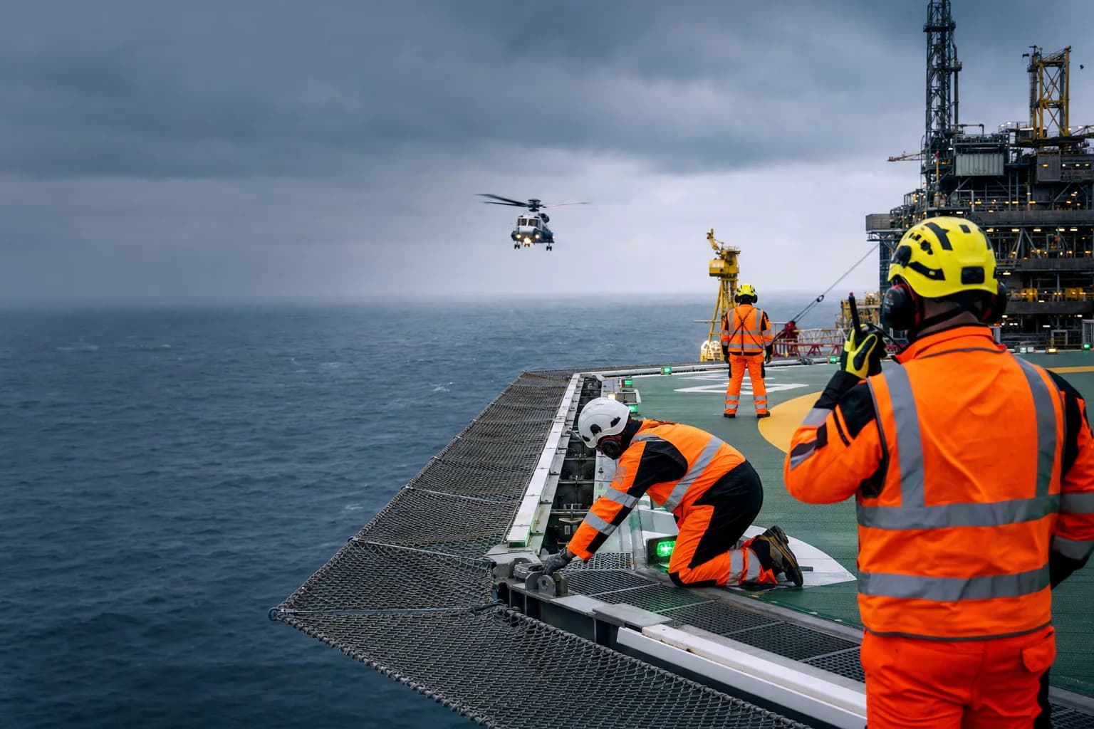 Helideck team completing pre-arrival checks on a North Sea platform