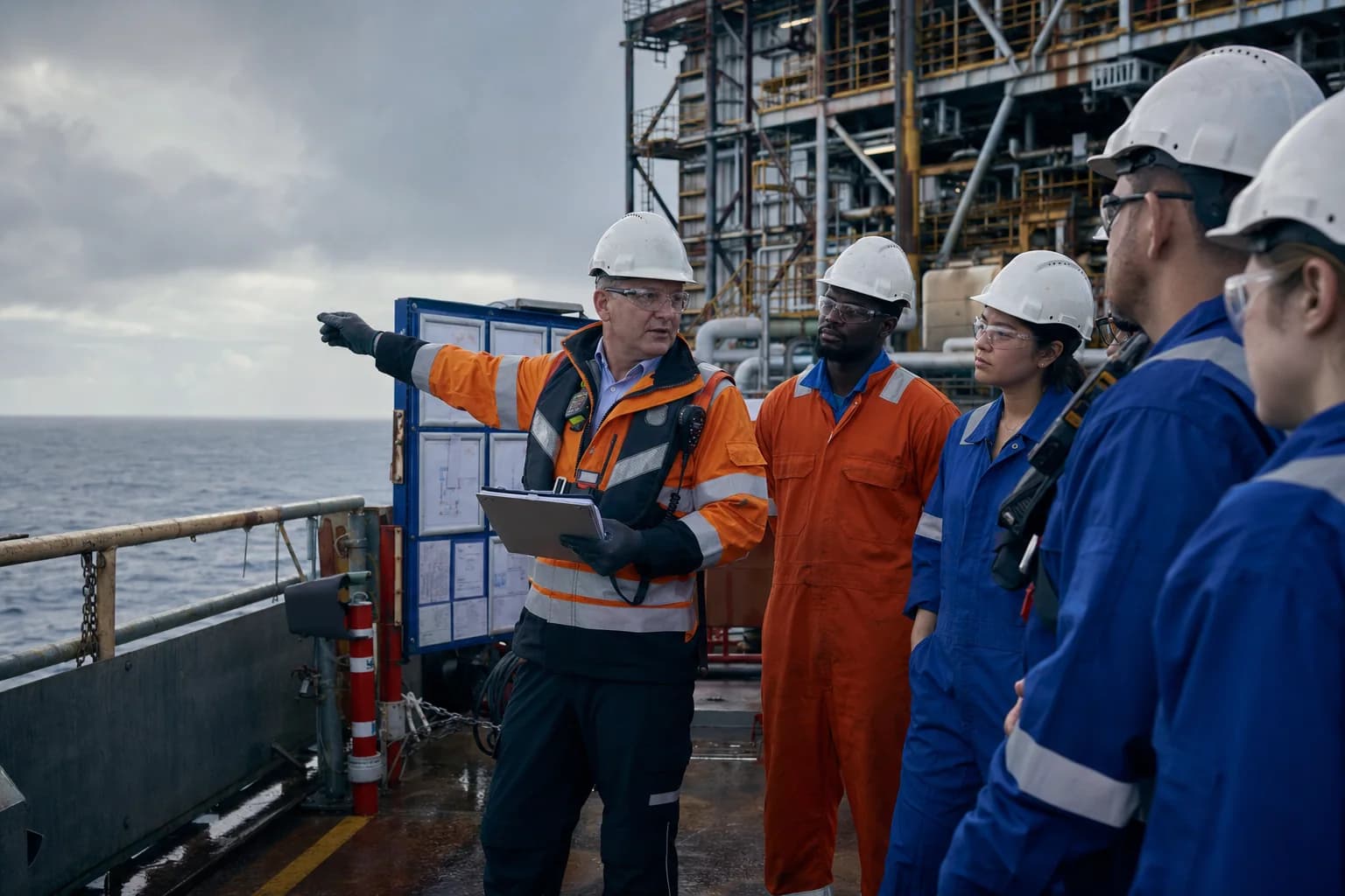 Offshore HSE advisor leading a platform toolbox talk