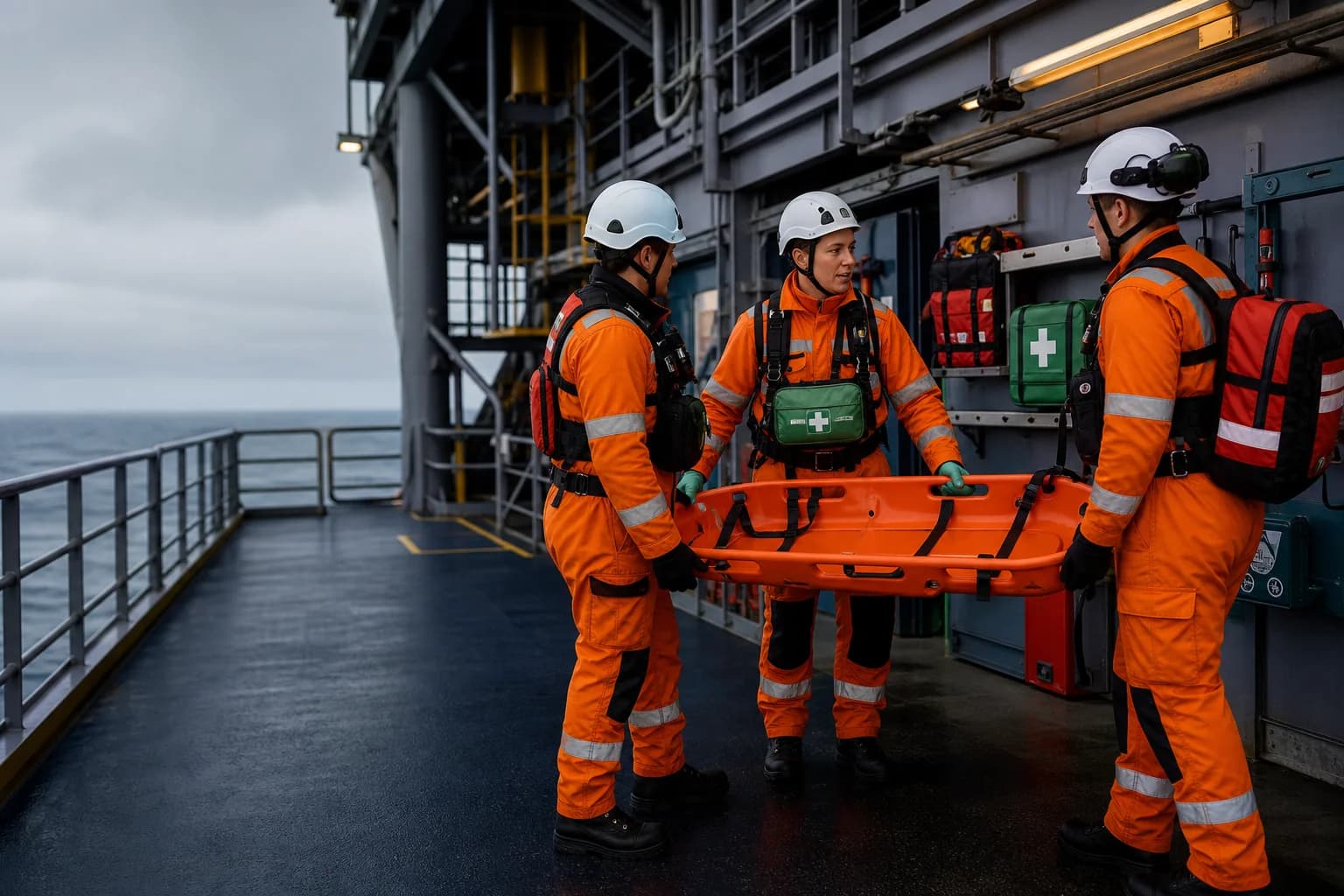Offshore medic and emergency team carrying out a controlled stretcher drill