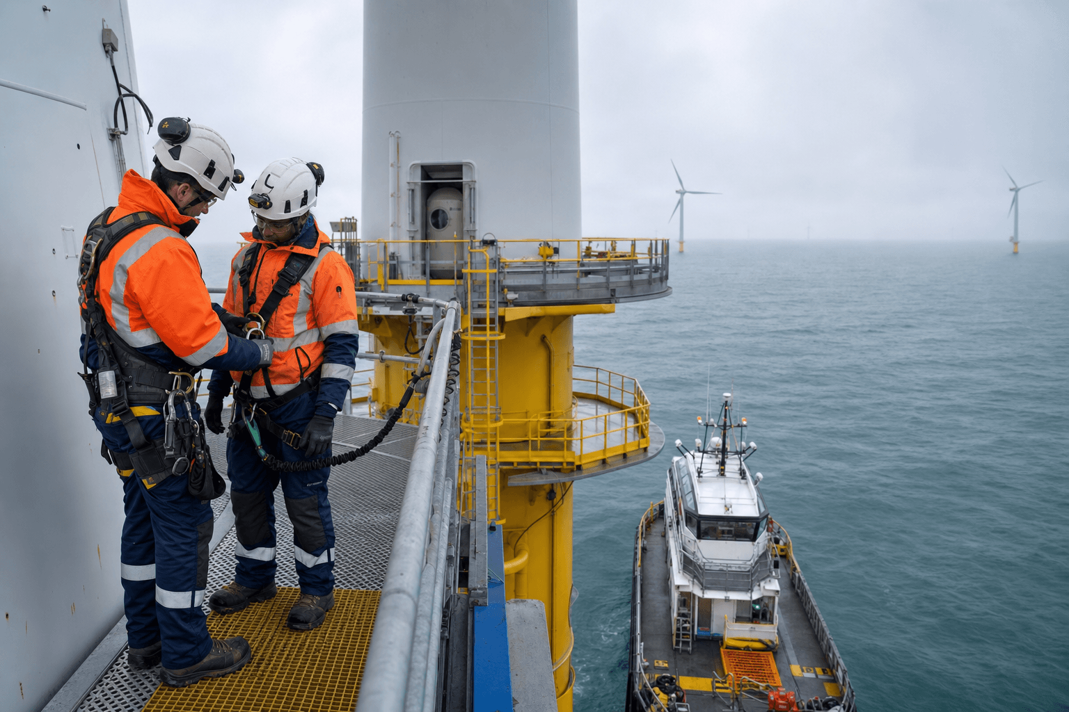 Offshore wind technicians completing a safety equipment check