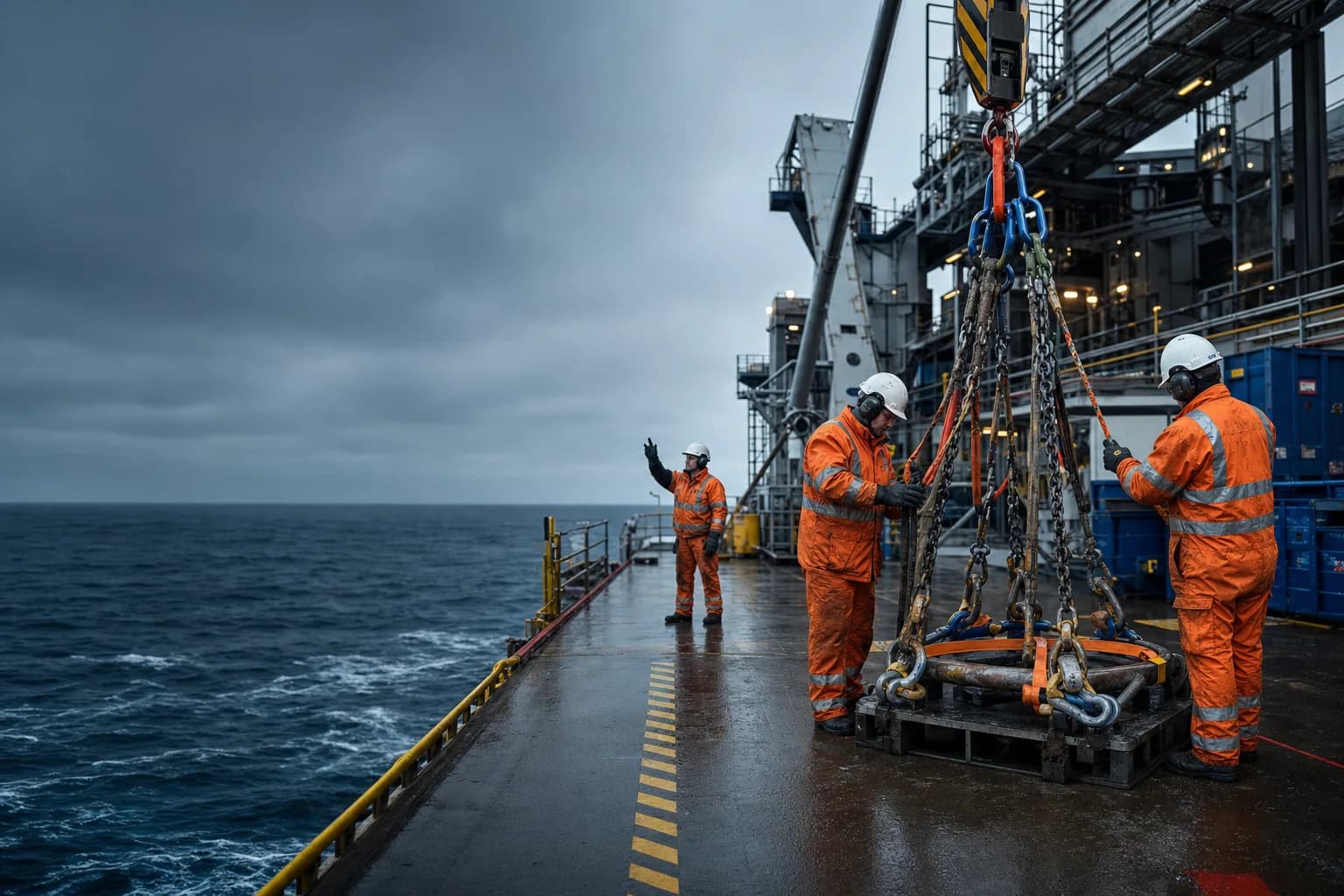Offshore riggers preparing certified lifting gear for a controlled platform lift