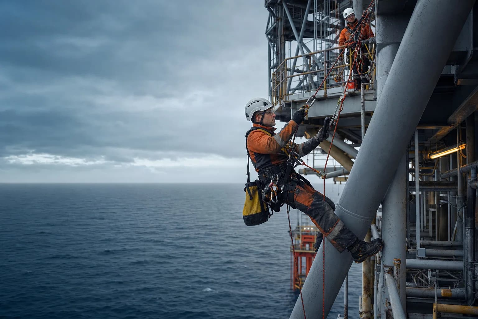 IRATA rope-access technician inspecting a North Sea platform structure