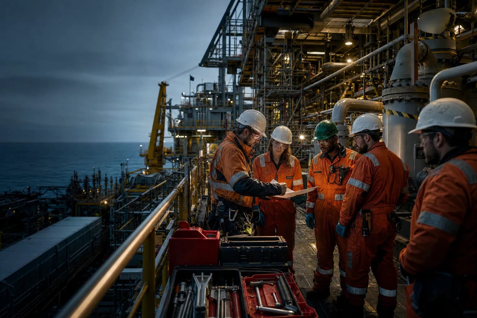 Multi-trade shutdown crew reviewing planned maintenance work on an offshore platform