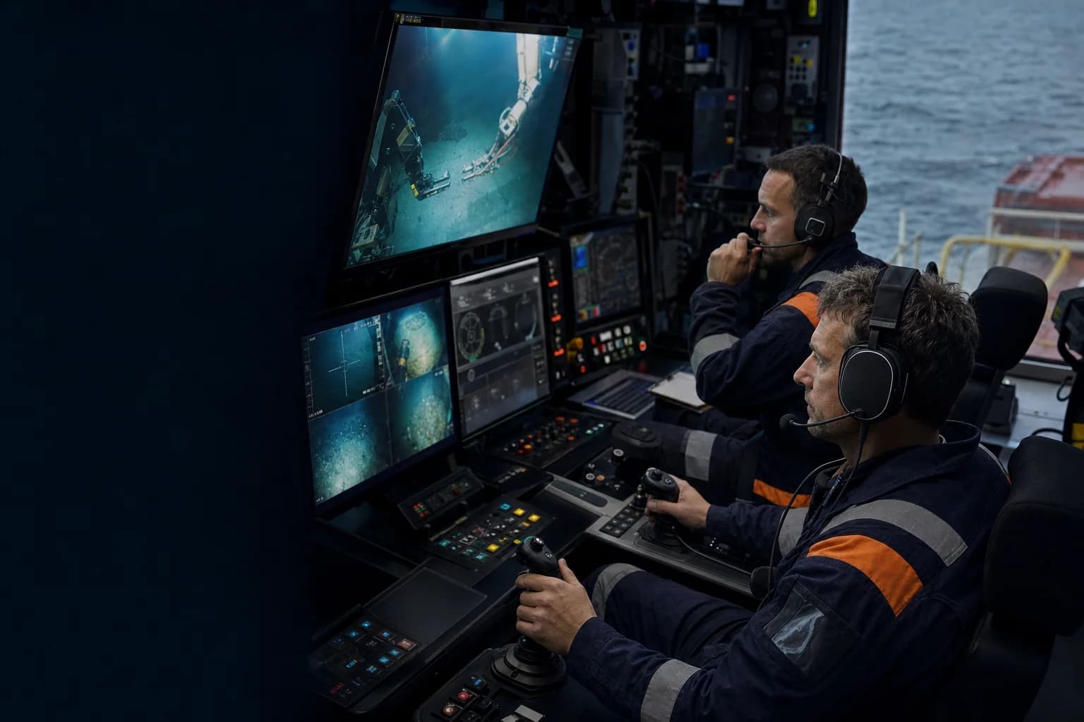 ROV pilot technicians operating subsea systems aboard an offshore support vessel