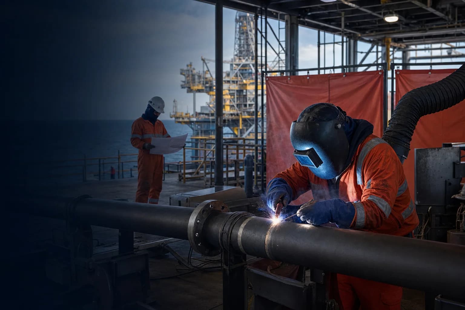 Coded offshore welder working safely on platform pipework