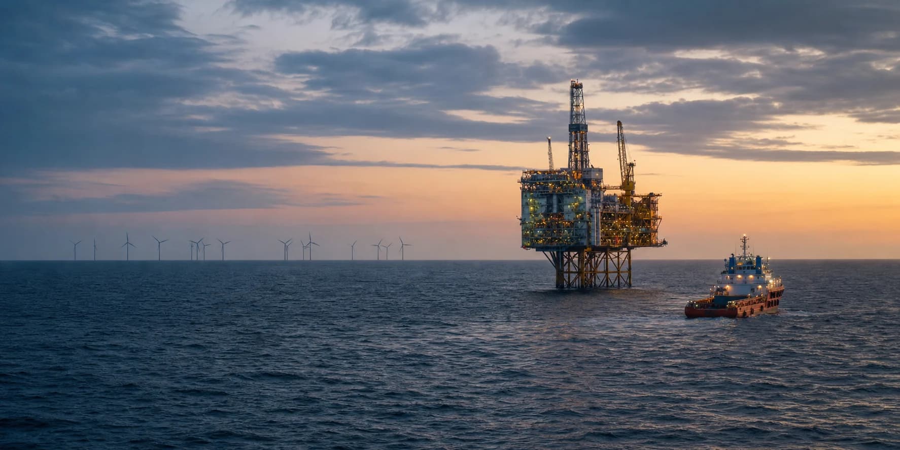 North Sea offshore platform, support vessel and distant wind farm at dawn