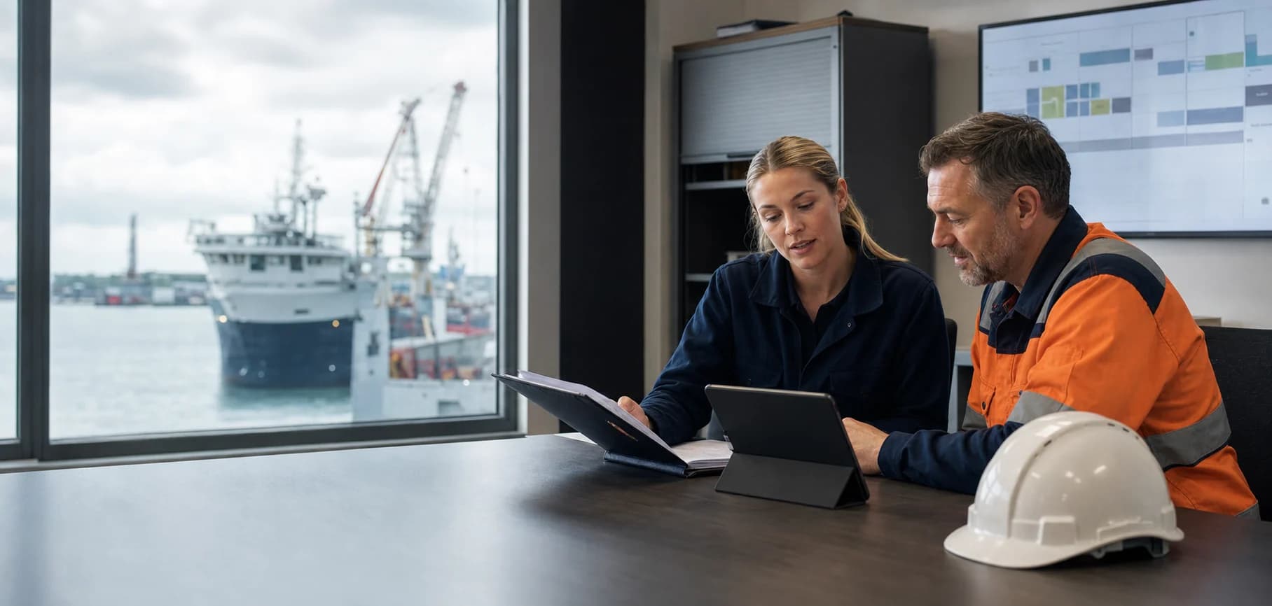 Workforce coordinator and offshore worker reviewing mobilisation evidence in a secure marine operations office