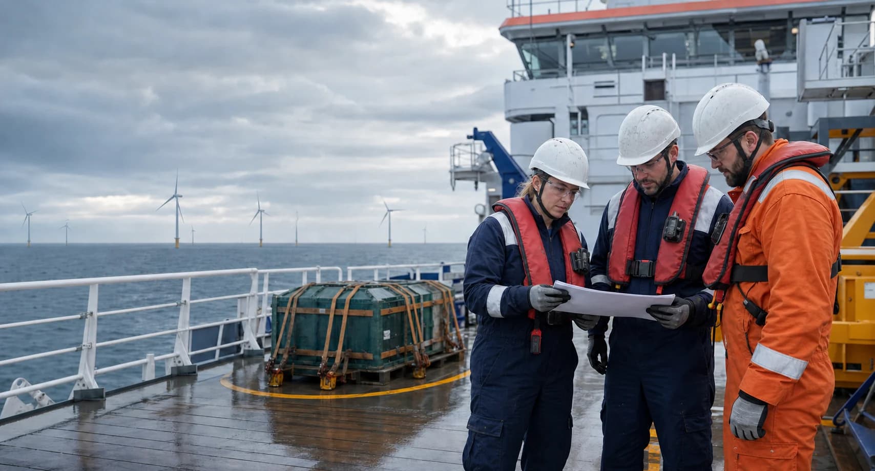 Marine crew wearing secured helmets, eye protection and lifejackets reviewing a deck plan on an offshore support vessel