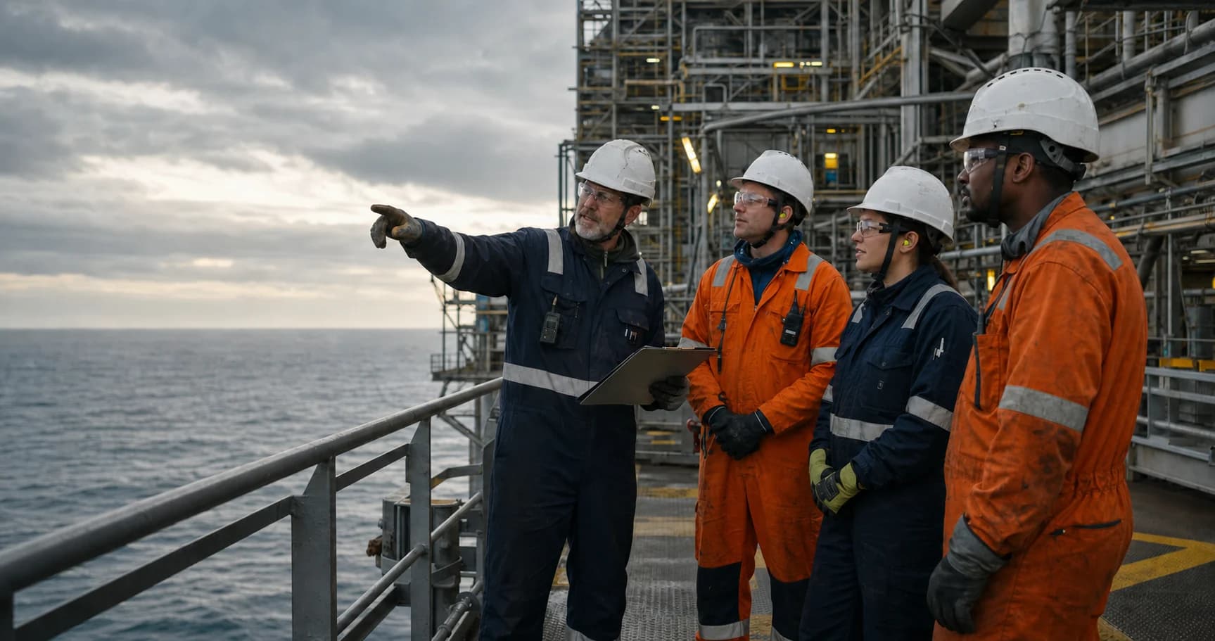 Offshore supervisor briefing a correctly equipped crew on a guarded North Sea platform deck