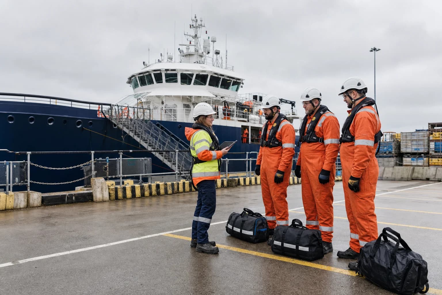 Offshore workers completing a controlled pre-mobilisation check at a UK marine supply base