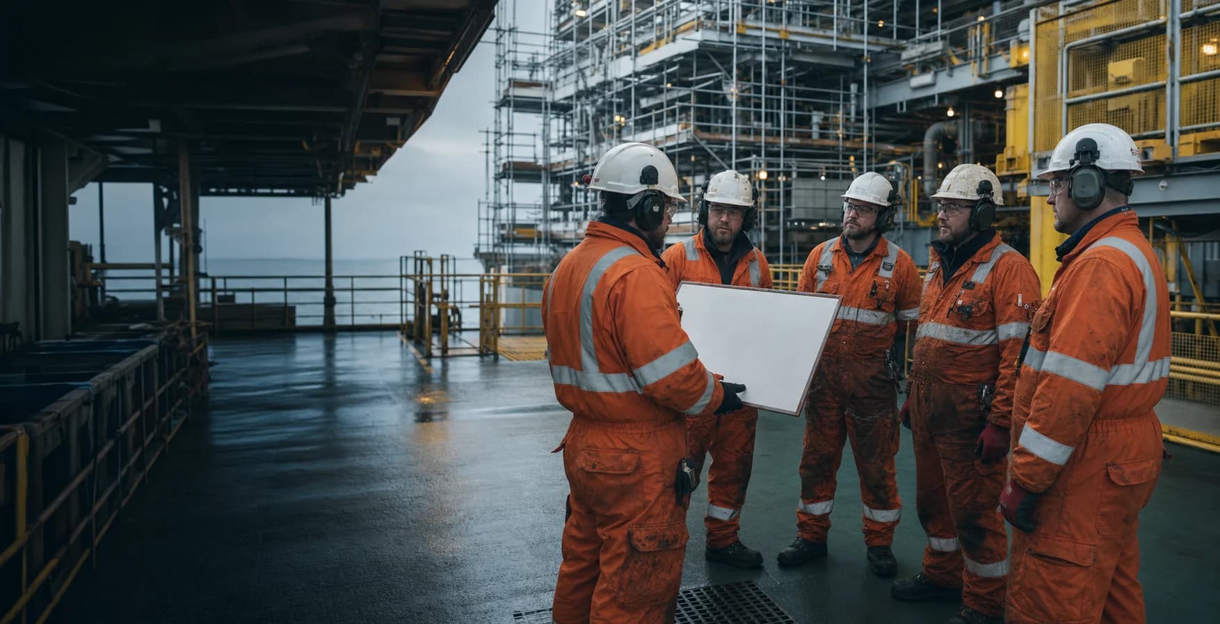 Maintenance shutdown crew receiving a toolbox briefing in a controlled North Sea platform staging area