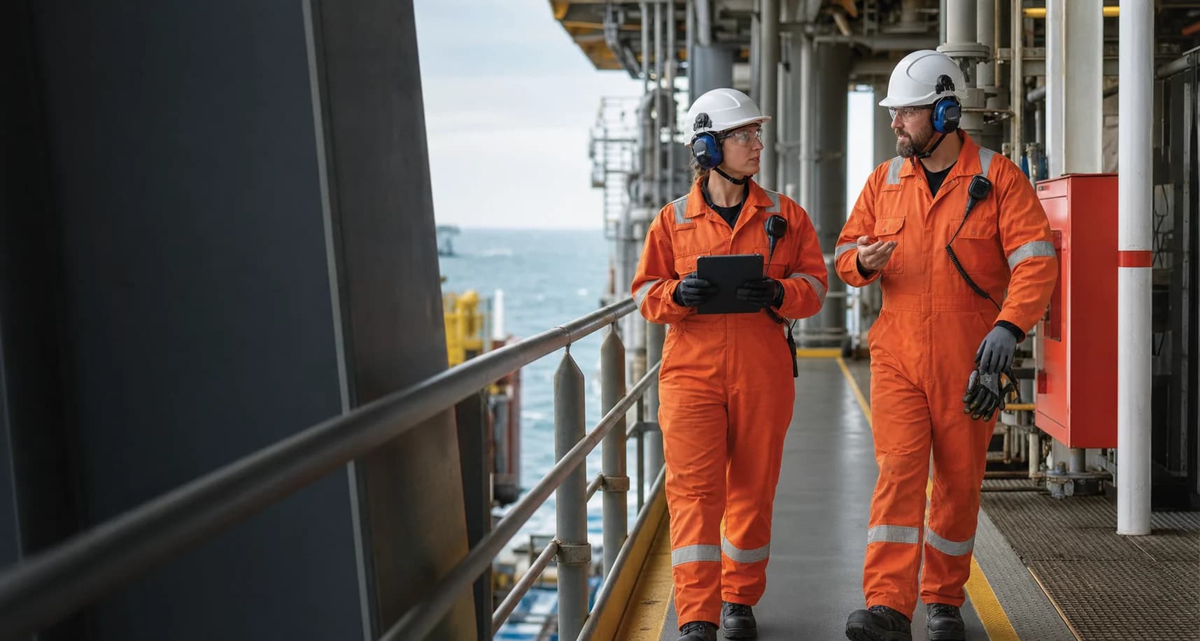 HSE advisor and offshore supervisor carrying out a planned safety inspection on a guarded platform walkway